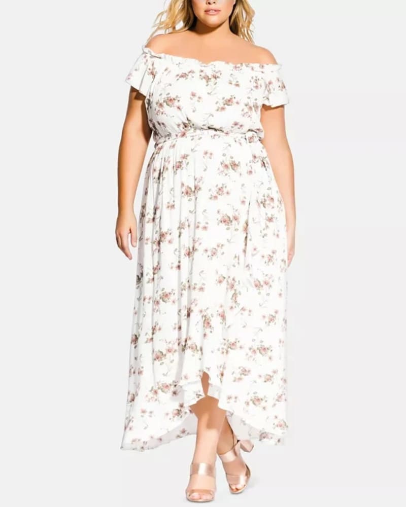 Front of a model wearing a size Petite S City Chic Women's Trendy Plus Floral Print Off The Shoulder Dress White Size Petite Small in White by City Chic. | dia_product_style_image_id:313049